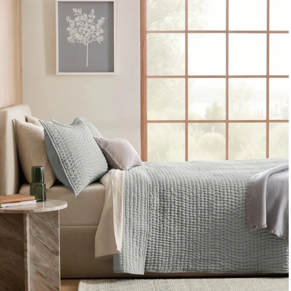 Quince European Linen Cotton Stitch Quilt Set King Cal King Mist Bedding 3pc NEW